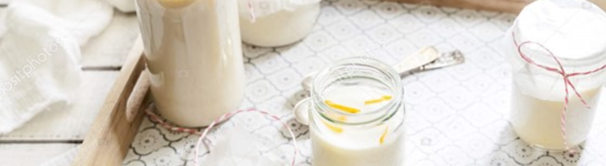 Dairy tray: yogurt, milk. 