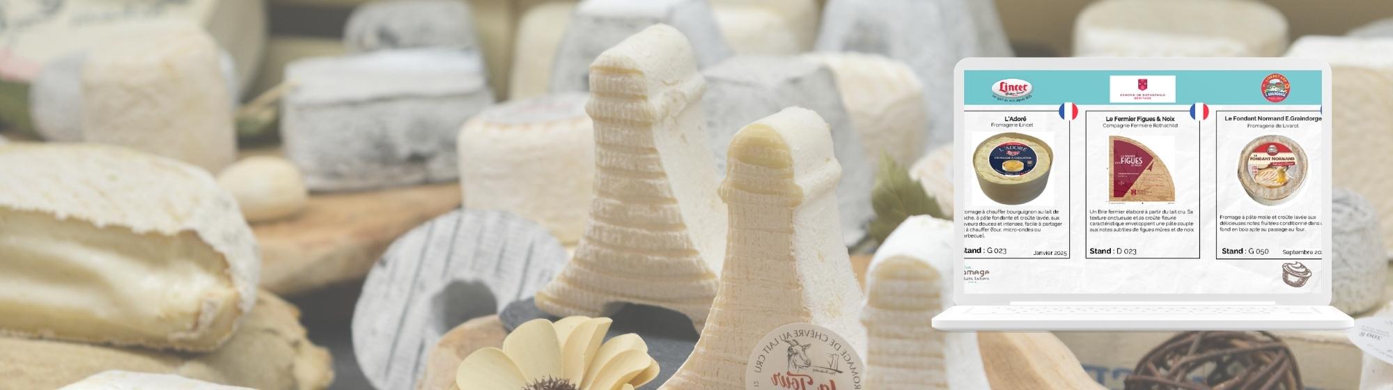 Selection of artisan cheeses with digital product showcase displayed on a laptop screen.